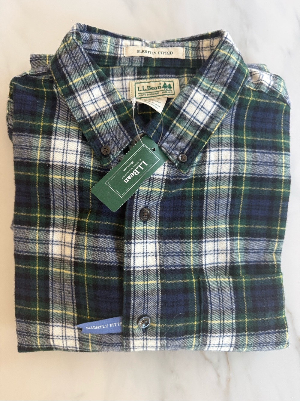 L.L. Bean Men’s Green, Blue & White Plaid Button-Down Shirt